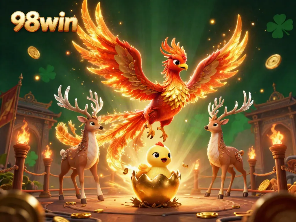 Engage in thrilling gaming at 98win, featuring a fantasy phoenix and action-packed casino elements.