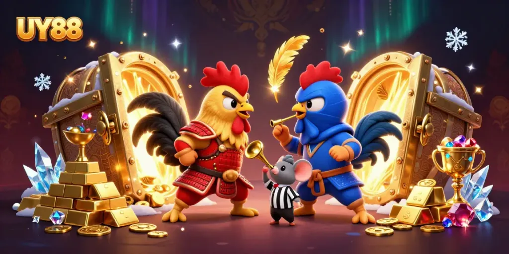 Engage in the excitement of UY88 with cartoon roosters battling amidst a treasure-filled casino.