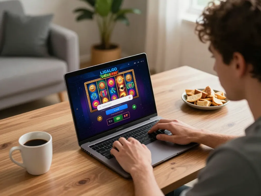 LIGALGO Login screen displayed on a laptop as a player enjoys an online gaming session in a cozy home setting.