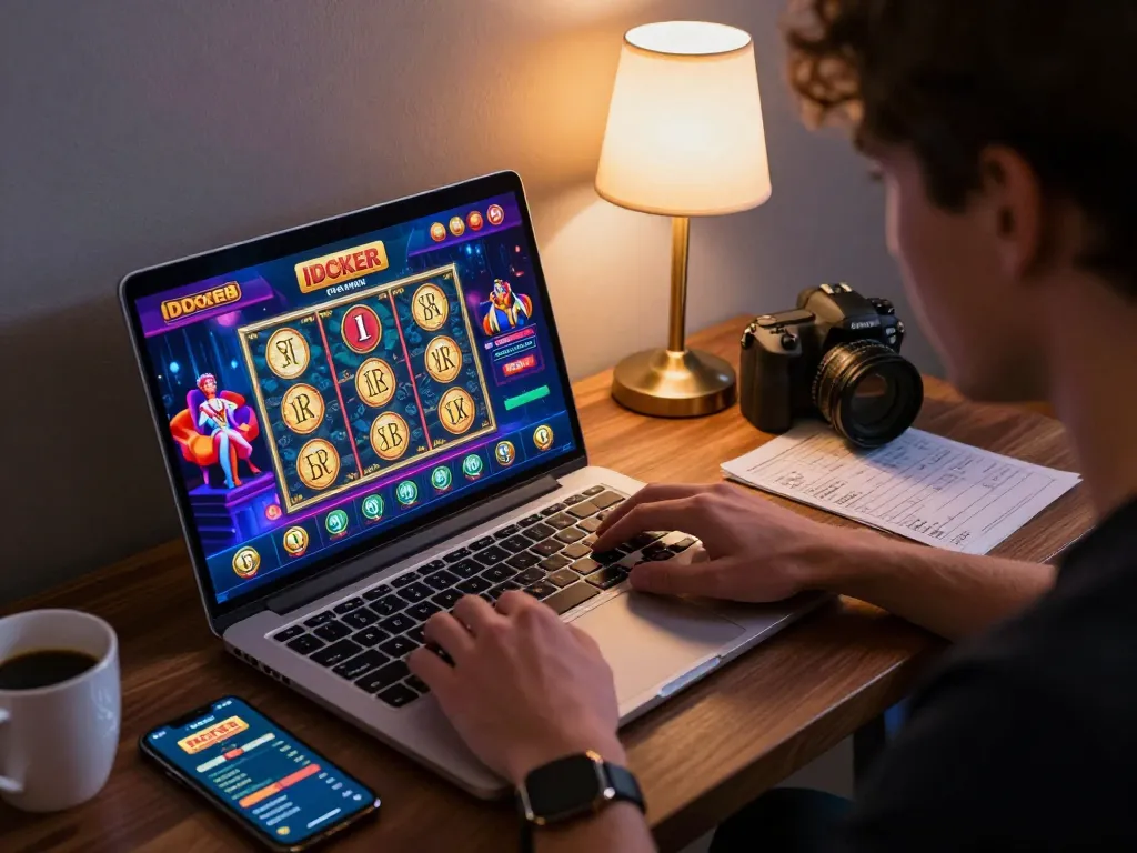 Engaged player experiencing the thrill of IDC88 JOKER online gaming on a laptop with vibrant graphics.