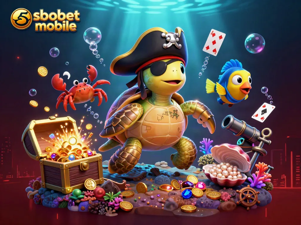 Sbobet mobile streamlines betting with 3D characters amid underwater treasures and vibrant casino elements.