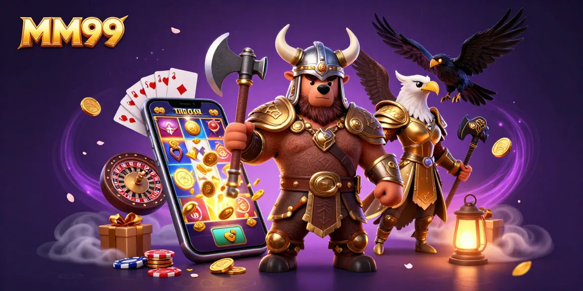 Engage with MM99's vibrant 3D casino scene featuring dynamic games and adventurous characters.
