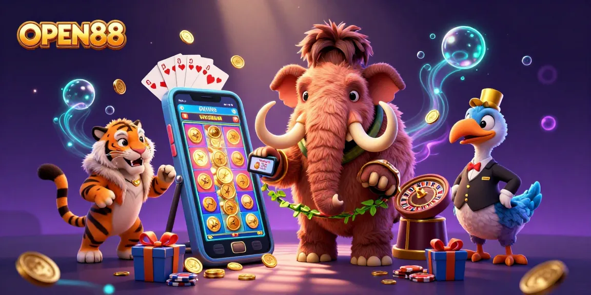 Experience the vibrant world of OPEN88 with a 3D illustration featuring dynamic casino characters.