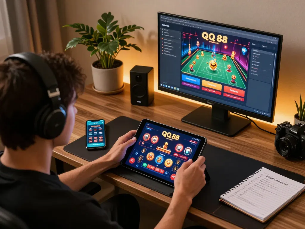 Engaging in online gaming with QQ 88 on a tablet, showcasing interactive features and a cozy setup