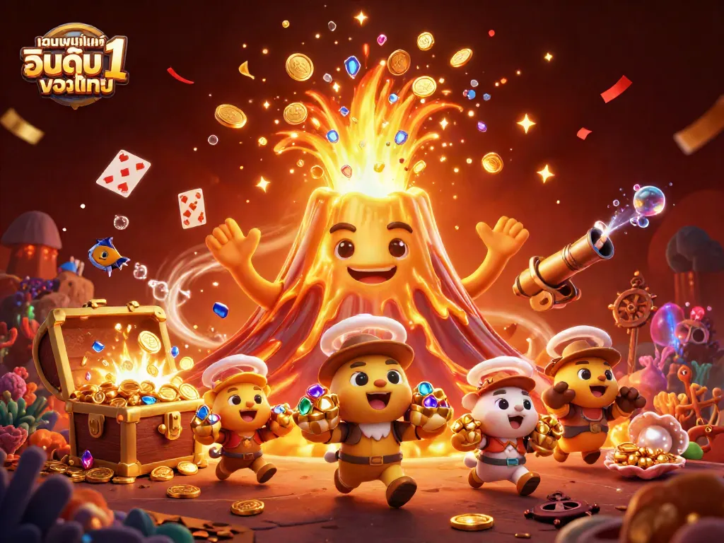 ภาพการ์ตูน 3D ของภูเขาไฟทองคำที่ปะทุออกมาด้วยสมบัติและเงินรางวัลจาก เว็บพนันออนไลน์ อันดับ 1 ของไทย