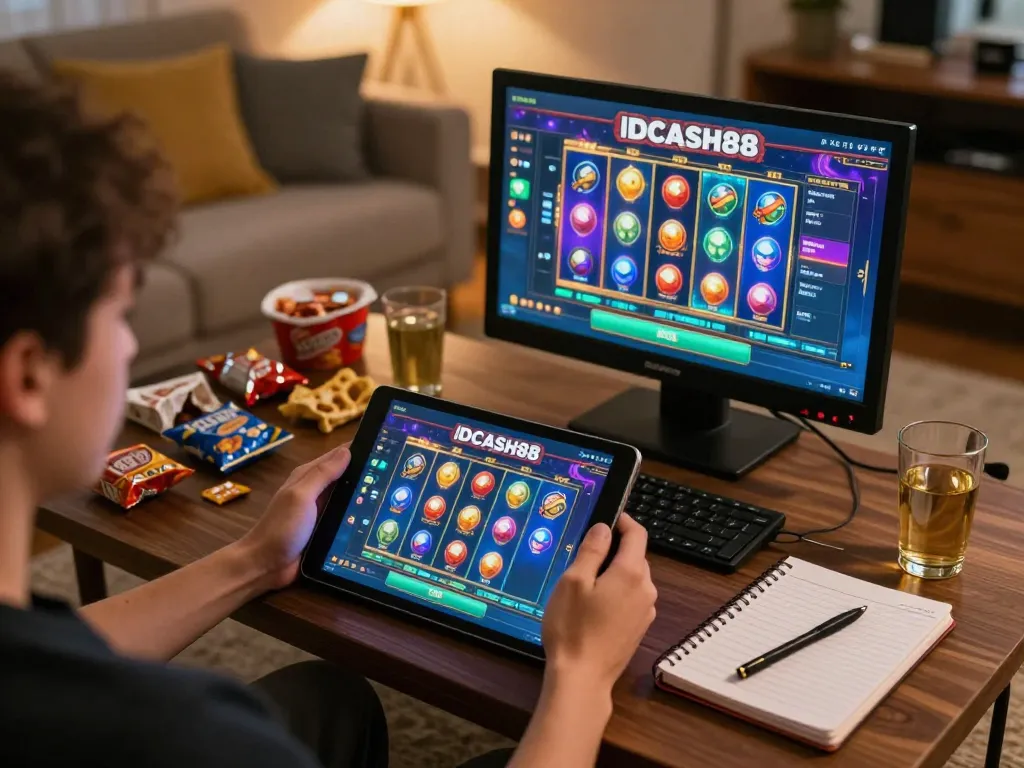 Engaging in IDCASH88 Slot gaming on a tablet in a cozy home setup, showcasing a responsible gambling atmosphere.