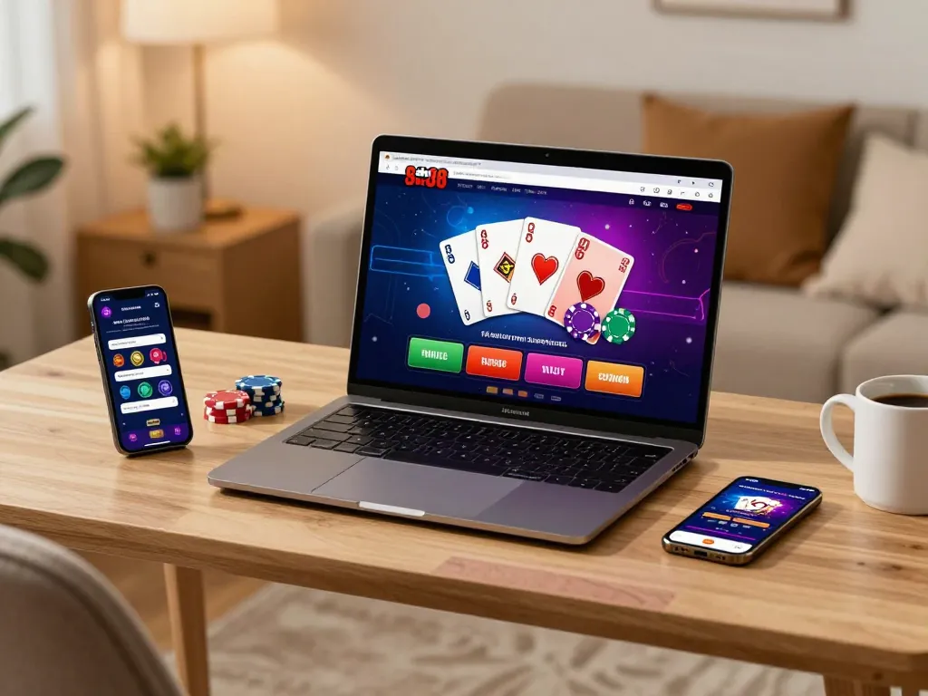 Engaging in online gaming on mantra88 with colorful interface and cozy setting.