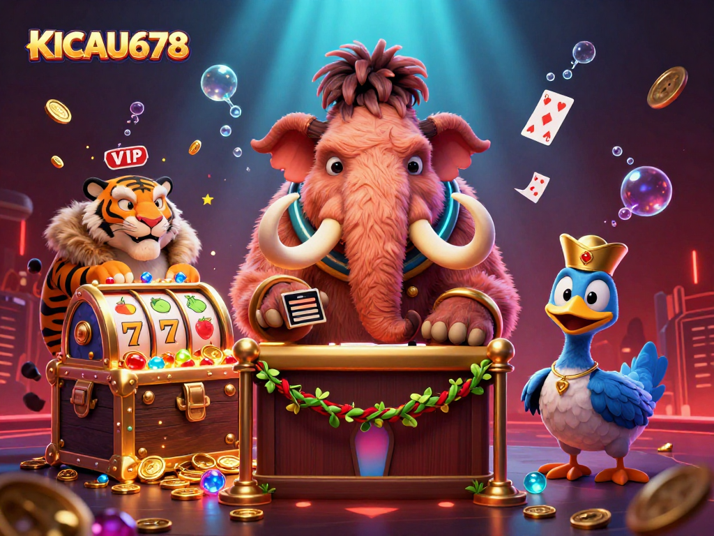 KICAU678 casino scene featuring a woolly mammoth bouncer and saber-tooth VIP checking IDs amidst vibrant slot game elements.