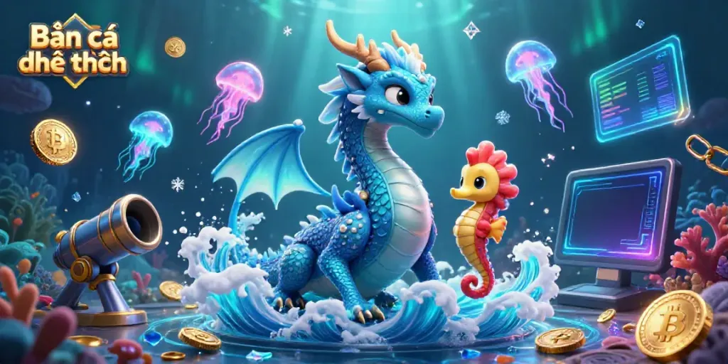 Experience thrilling Bắn cá đổi thưởng with a magical underwater scene featuring a dragon and seahorse knight.