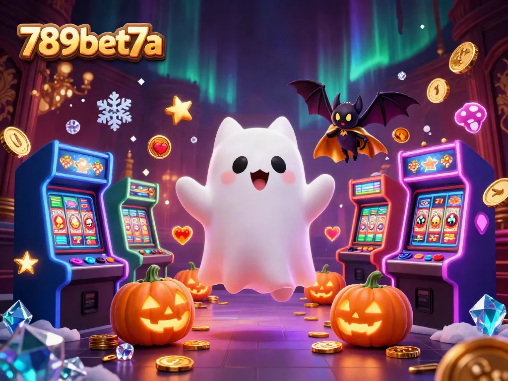 Engage in thrilling gameplay at 789bet7a with a ghost cat and vampire bat amidst glowing slot machines and arcade games.