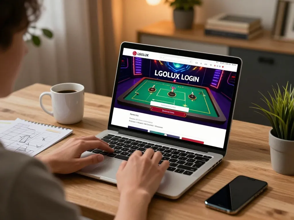 Engaging scene of online gambling with LGOLUX LOGIN visible on the laptop screen, emphasizing strategic play.