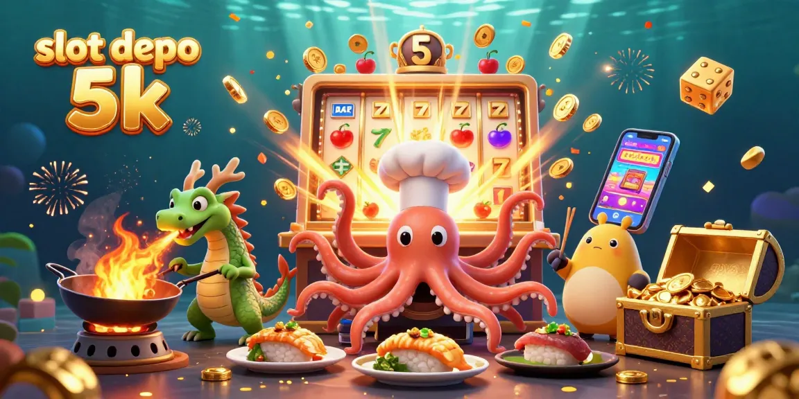 Vibrant 3D scene showcasing slot depo 5k with animated characters, winning jackpots, and exciting casino elements.