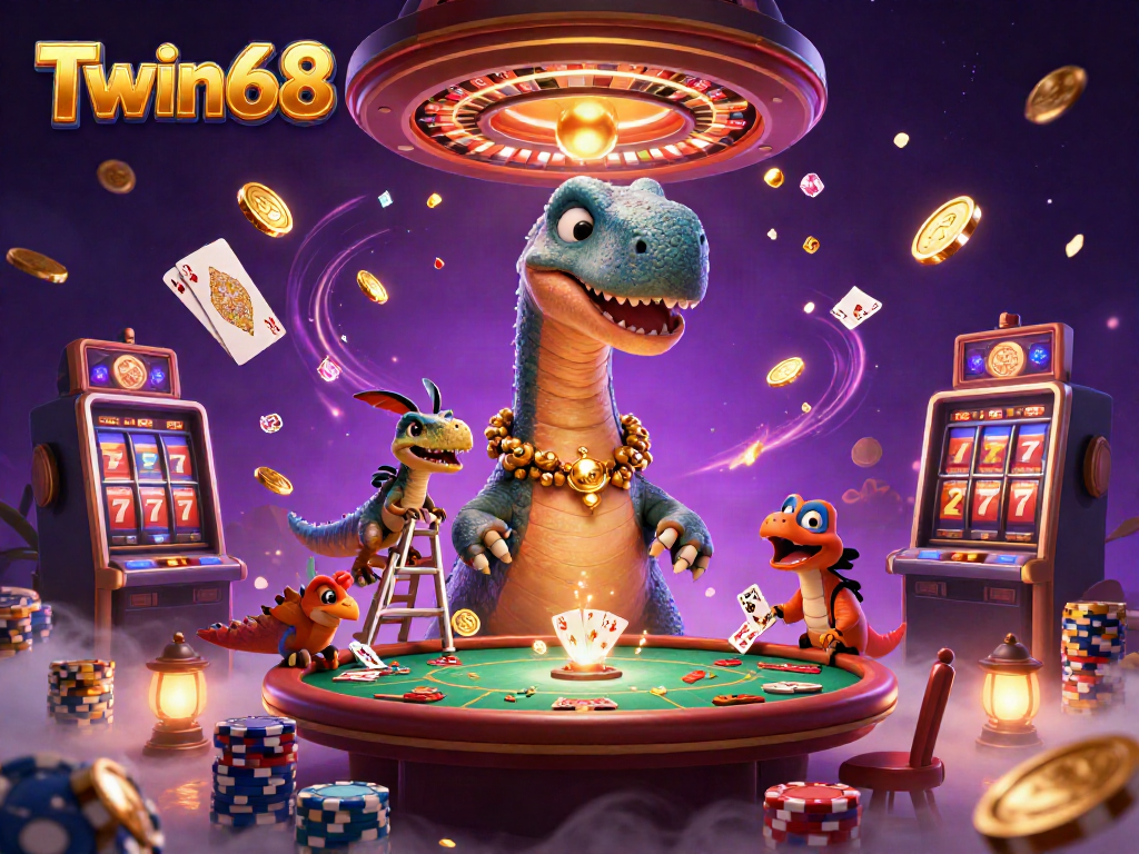 Twin68 offers a vibrant casino scene featuring a massive brontosaurus and clever raptor in action.