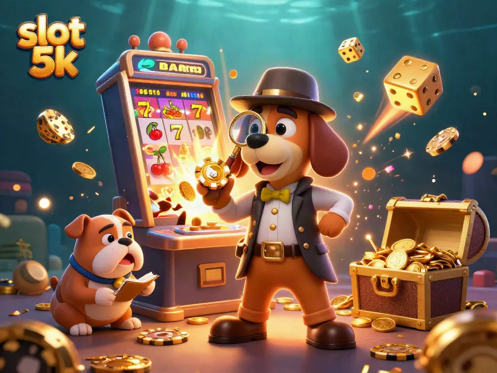 Experience the excitement of slot 5k with dynamic characters discovering treasures in a colorful casino.