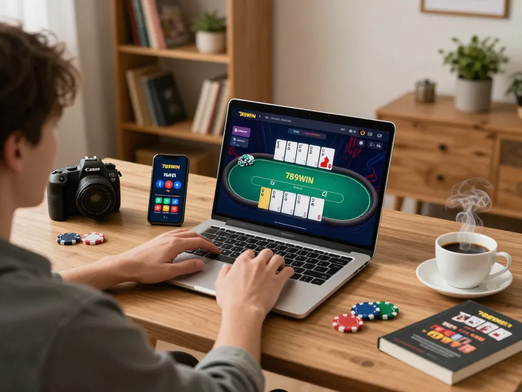 Engaging gaming moment at 789WIN, showcasing a player using a laptop for online poker strategy.