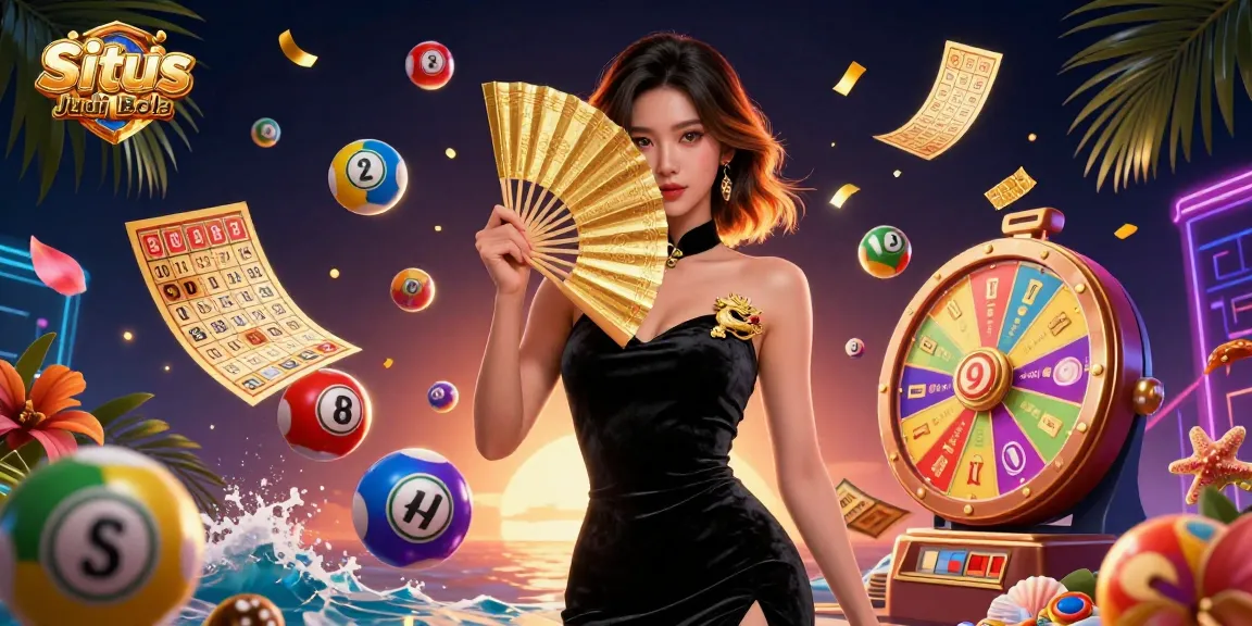 Situs Judi Bola features a stunning Asian woman amidst vibrant lottery elements, enhancing the excitement in gambling.