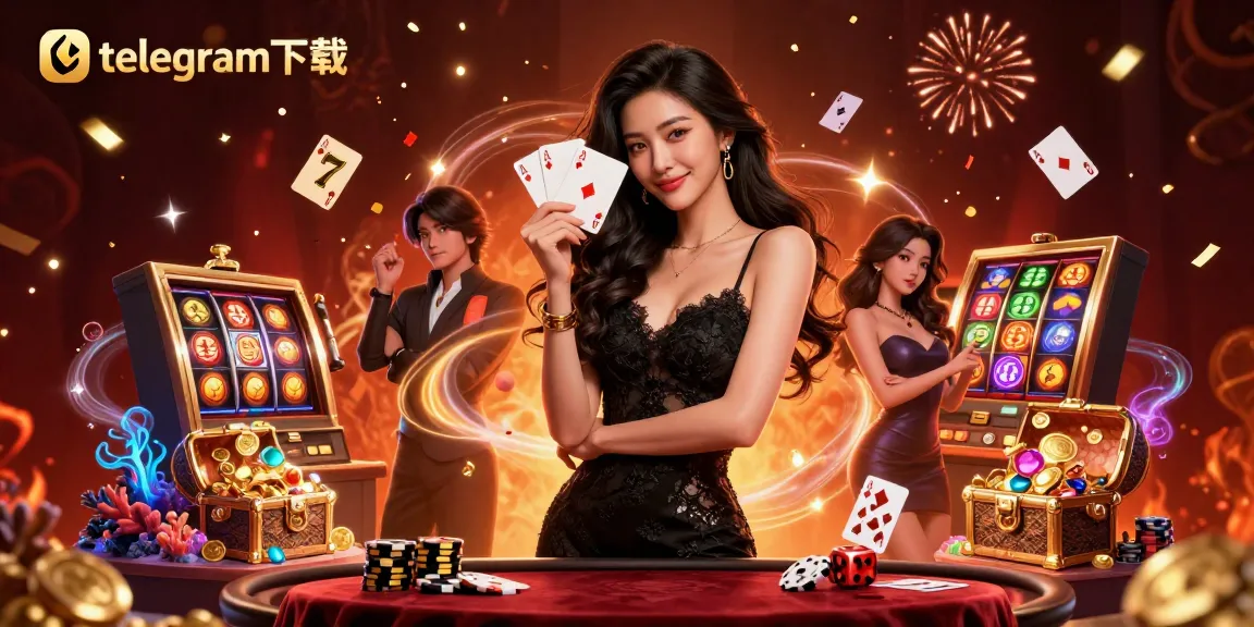 与telegram下载一起玩刺激的赌场游戏，展示一位手持扑克牌的华丽女性，身处奢华环境中。