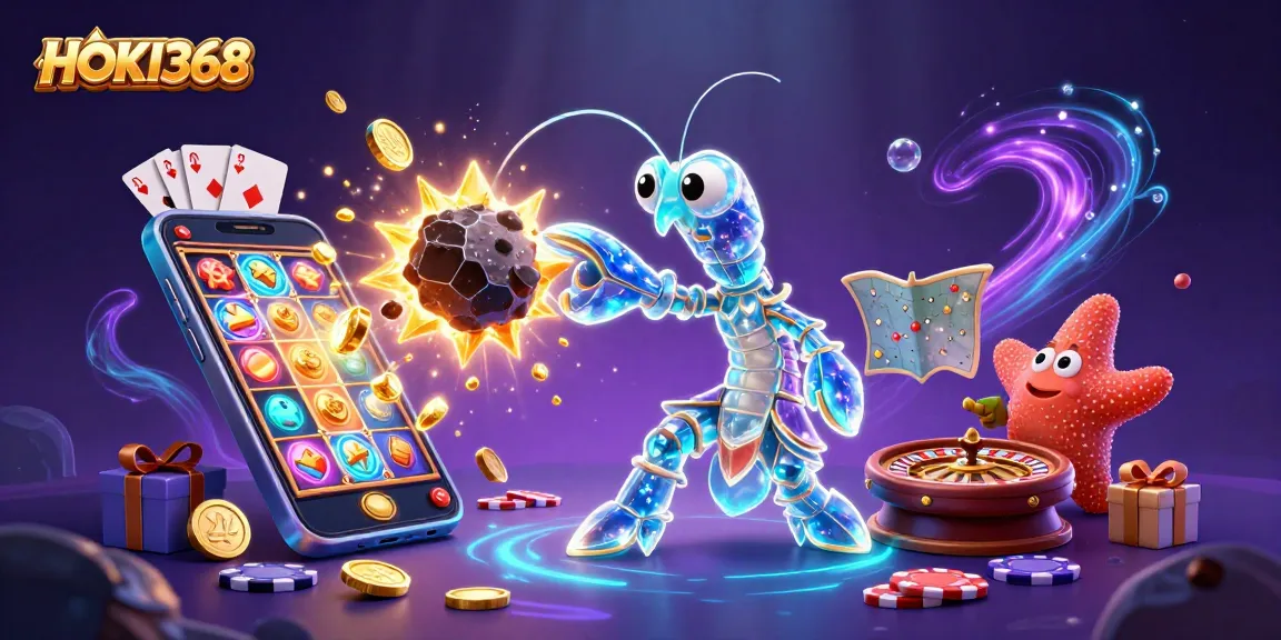 Join HOKI368 in a vibrant casino scene with galactic samurai and starfish amidst exploding gems.