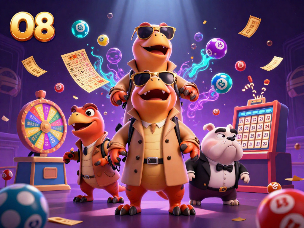 Three raptors disguised as a tall person enter the O8 casino with colorful lottery elements around them.