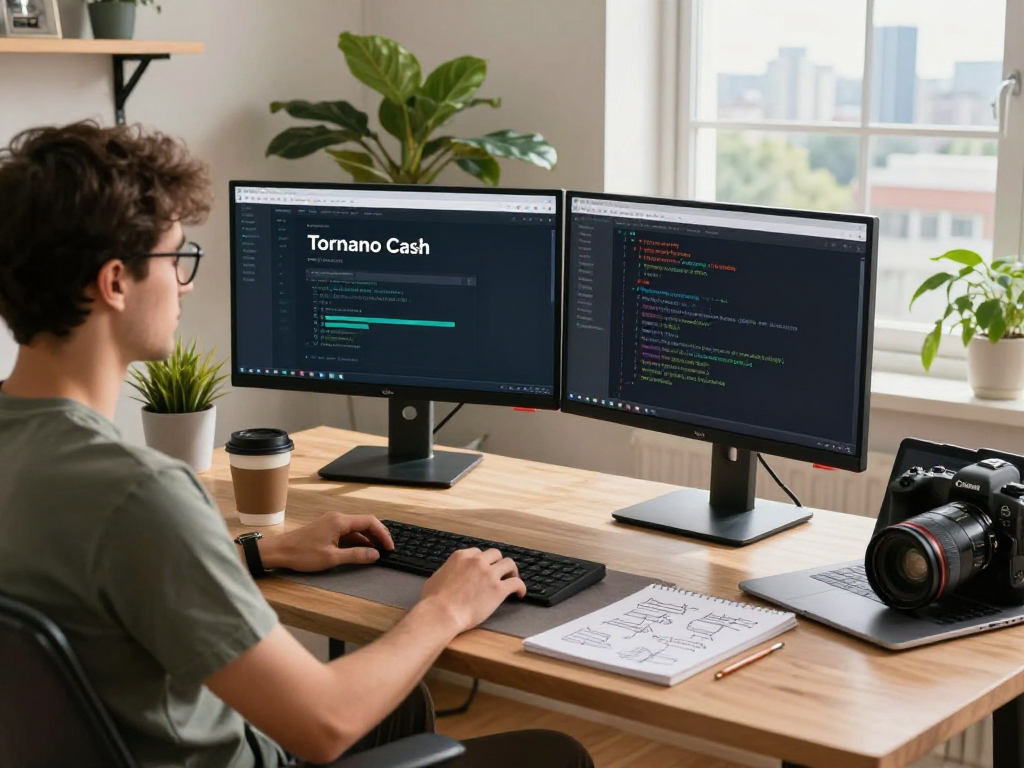 Developer analyzing Tornado Cash features in a stylish home office environment.