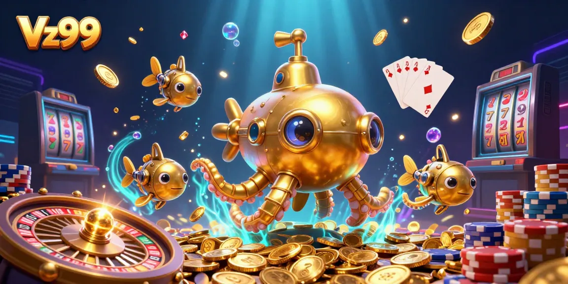 Experience Vz99's golden kraken submarine amidst shimmering coins and vibrant casino elements.