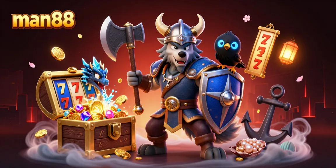 Experience thrills with man88 in an exciting 3D casino fantasy featuring Viking warrior and treasures.