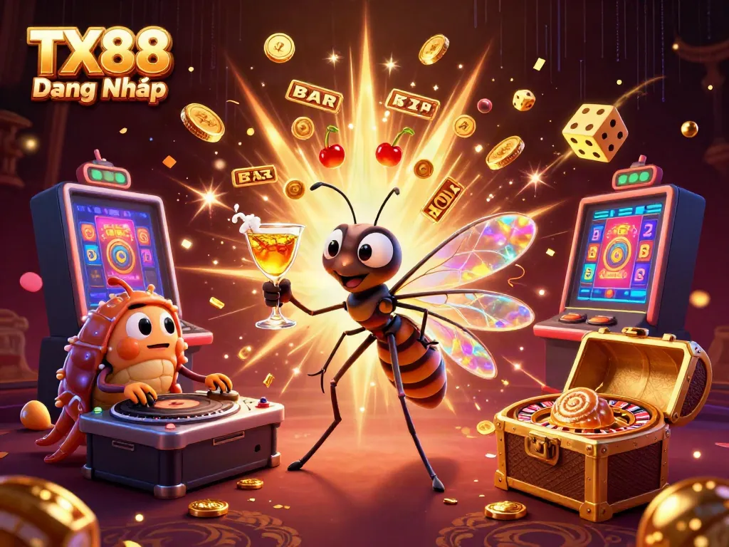 Engaging scene featuring TX88 Đăng Nhập mascot and colorful casino elements bursting with excitement.