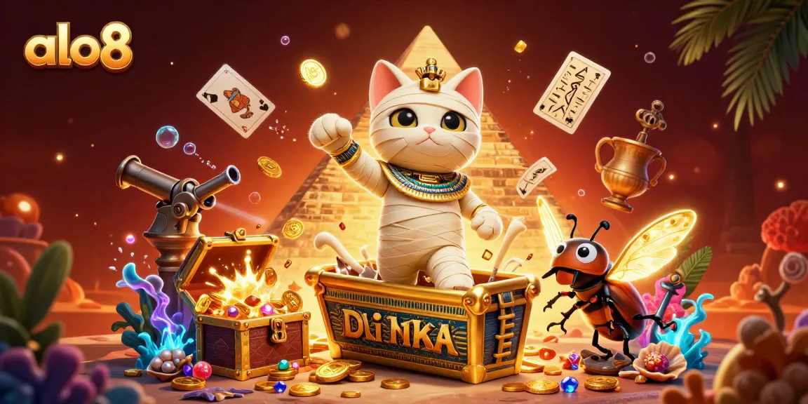 Play exciting games at ALO8 featuring the Egyptian mummy cat amidst casino thrills.