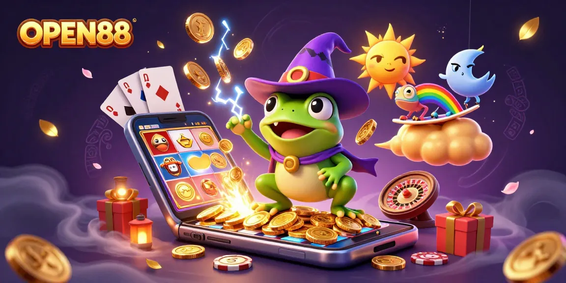 Explore game strategies at OPEN88 with a vibrant scene of a frog wizard and chameleon amidst golden coins.