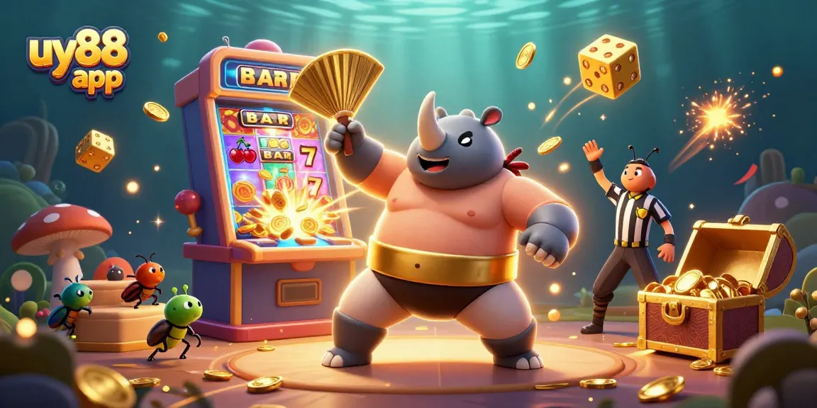 Join the excitement of uy88 app with a sumo beetle champion celebrating a jackpot in this vibrant casino scene.