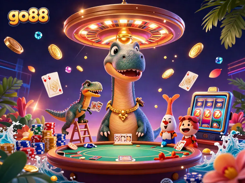 Experience the excitement of go88 with a vibrant, dynamic casino scene featuring characters and action elements.