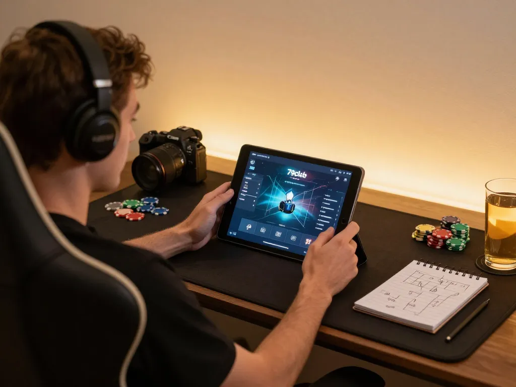 Player enjoying online gambling on 79club app with strategy notes nearby, cozy home environment.