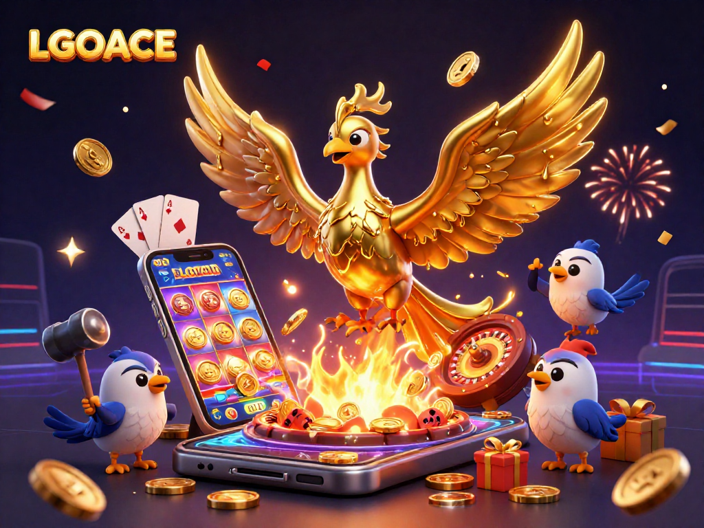 Engage with LGOACE, a vibrant 3D casino scene showcasing thrilling slot action and gold coins.