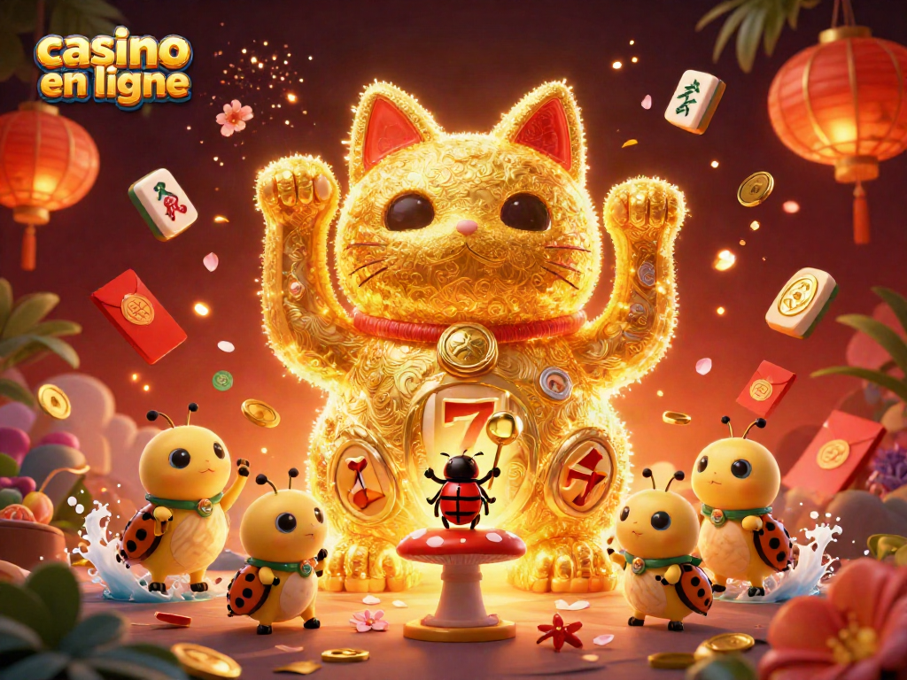 Jouez à casino en ligne avec une illustration dynamique et colorée de jeux de casino sous forme de gros chat porte-bonheur.