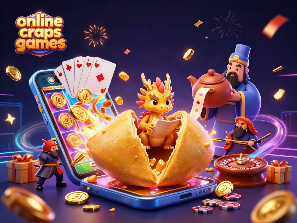Engage in exciting online craps games with vibrant visuals of golden fortune cookie and dynamic gaming elements.