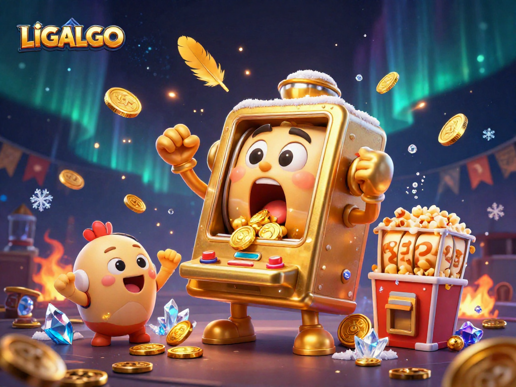 LIGALGO's vibrant slot machine scene celebrates big wins with coins pouring and cheering characters.