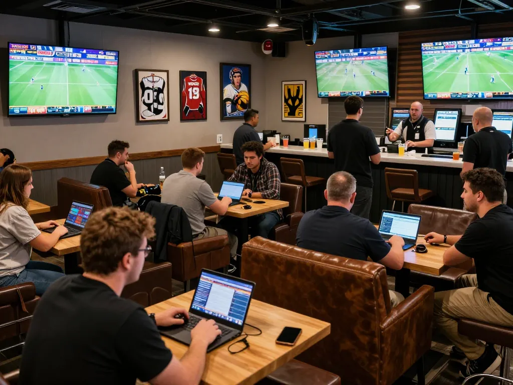 Engaged sports bettors analyzing kèo nhà cái odds while enjoying the game in a vibrant lounge atmosphere.