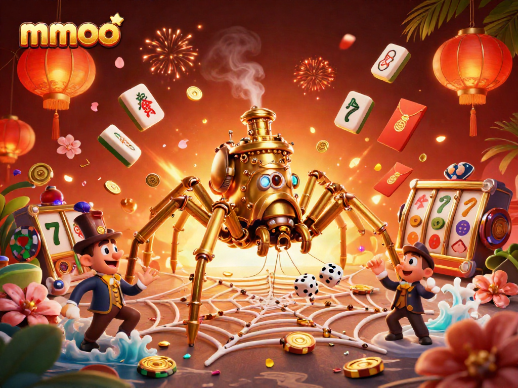 Engaging mmoo casino illustration featuring a playful steampunk spider and Victorian themes.
