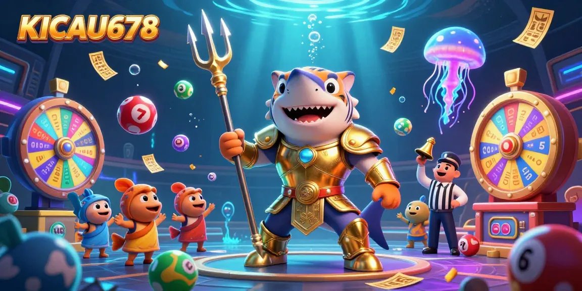 KICAU678 showcases a dynamic underwater casino scene with a shark in gladiator armor, vibrant lottery elements, and atmospheric glow.