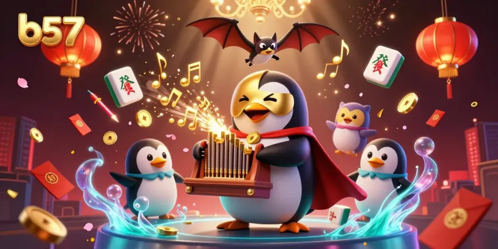 Experience exciting gameplay with b57 featuring dynamic casino-themed elements and a whimsical penguin.