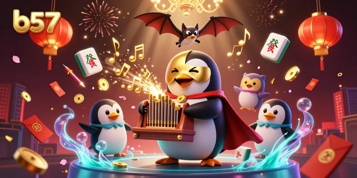 Experience exciting gameplay with b57 featuring dynamic casino-themed elements and a whimsical penguin.