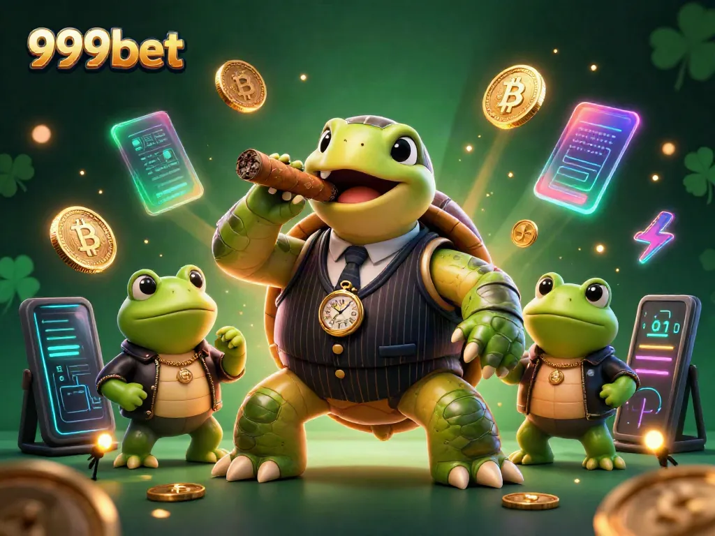 Experience the thrilling atmosphere of 999bet with a unique illustration of a mobster turtle and bullfrog enforcers surrounded by crypto elements.