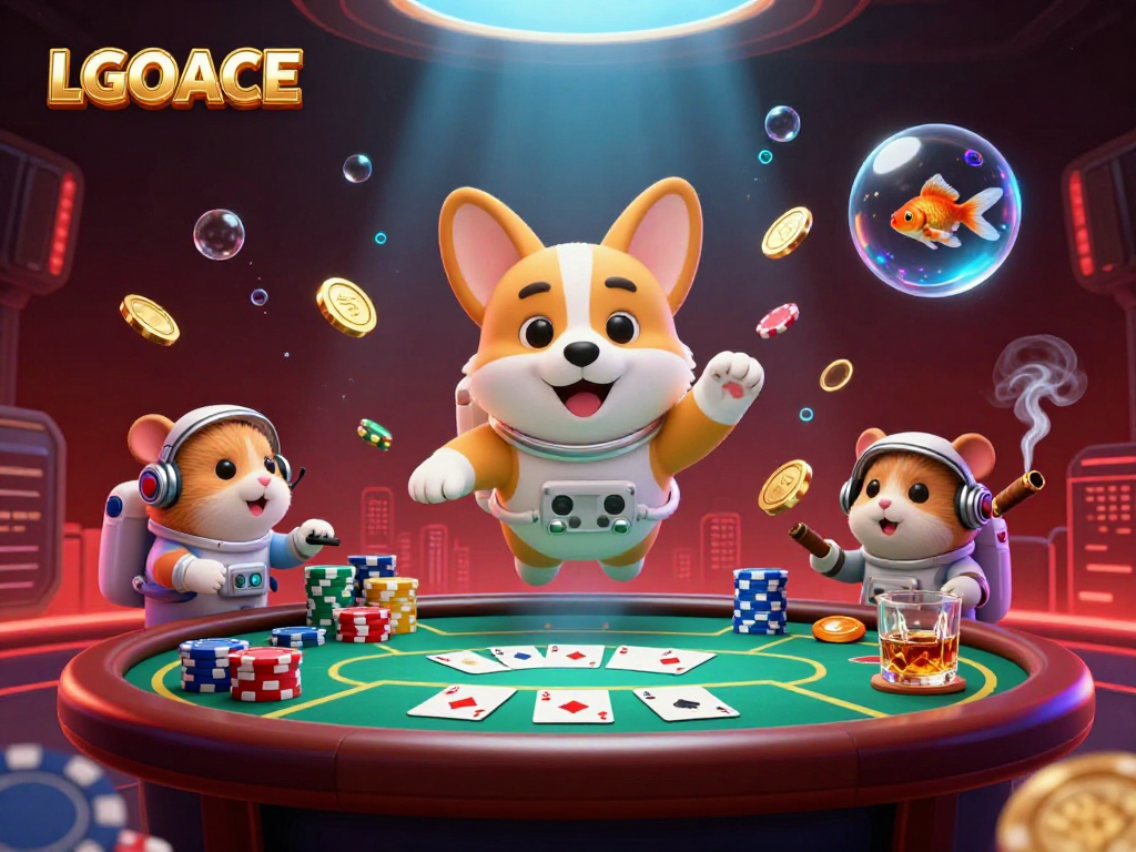 LGOACE players enjoying an exciting space station casino experience with poker chips and gold coins floating.