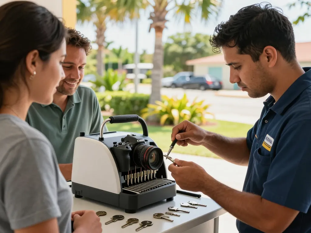 Locksmith in Palm City expertly cutting a key outdoors, demonstrating service quality and expertise.