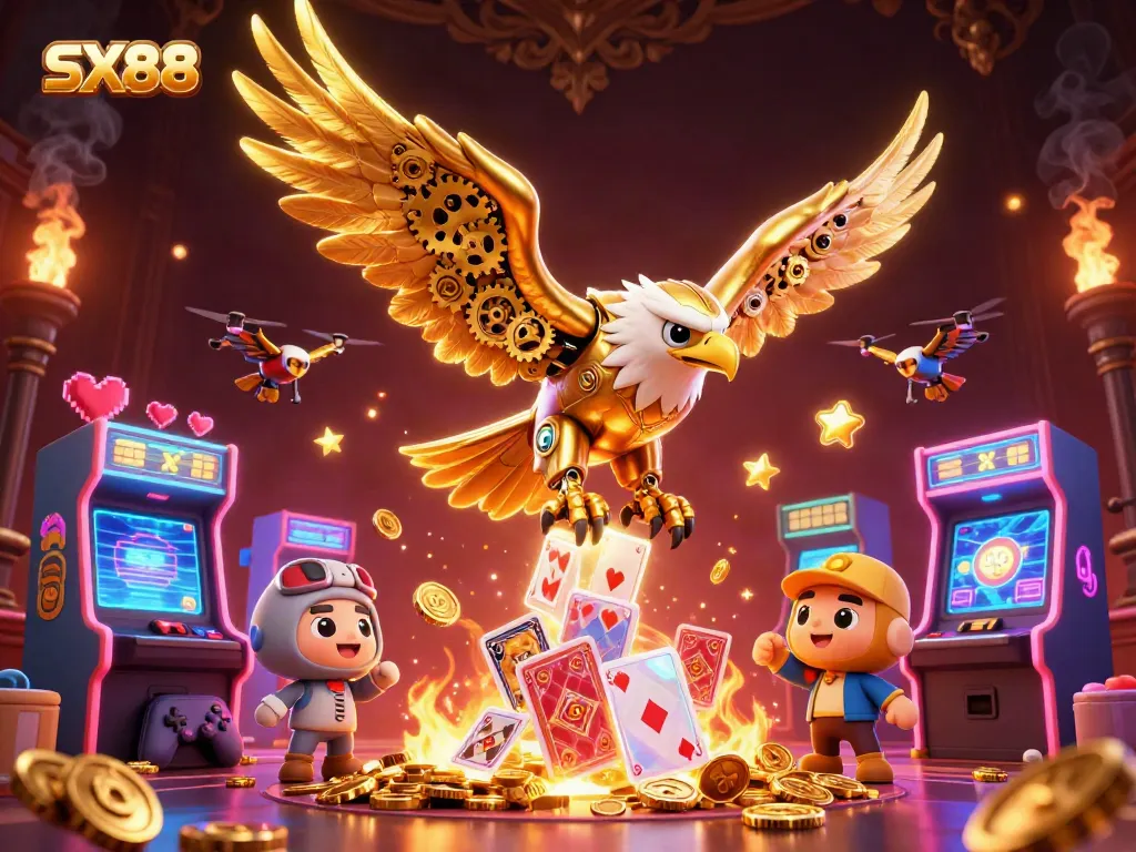 SX88 invites players to engage with vibrant holographic cards amidst dynamic 3D casino elements.