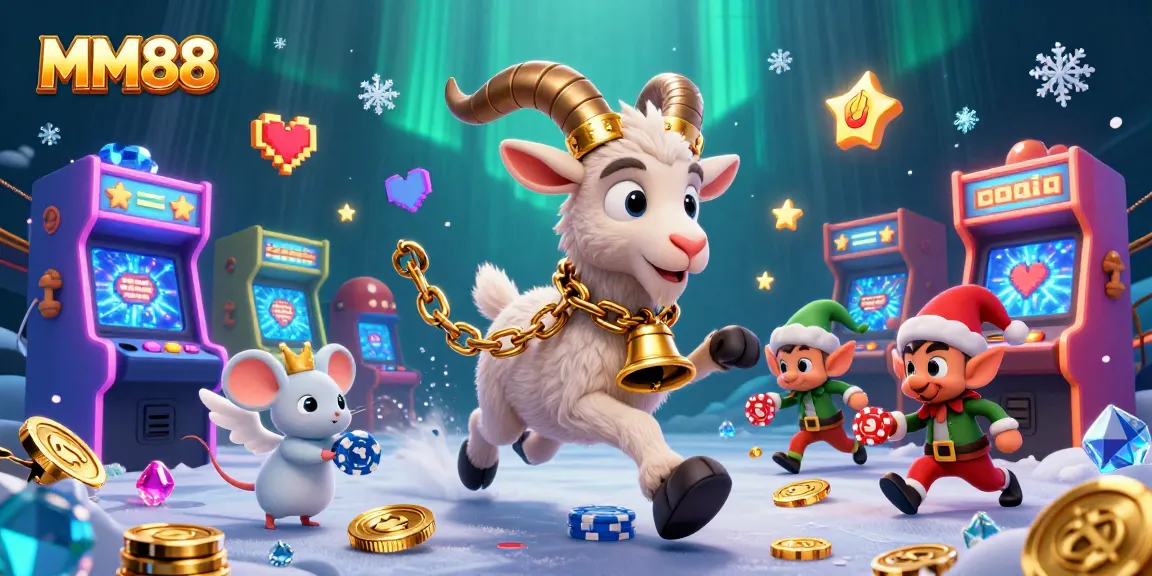 MM88 players enjoy vibrant casino gaming with Krampus, angel mouse, and gremlins celebrating fun.