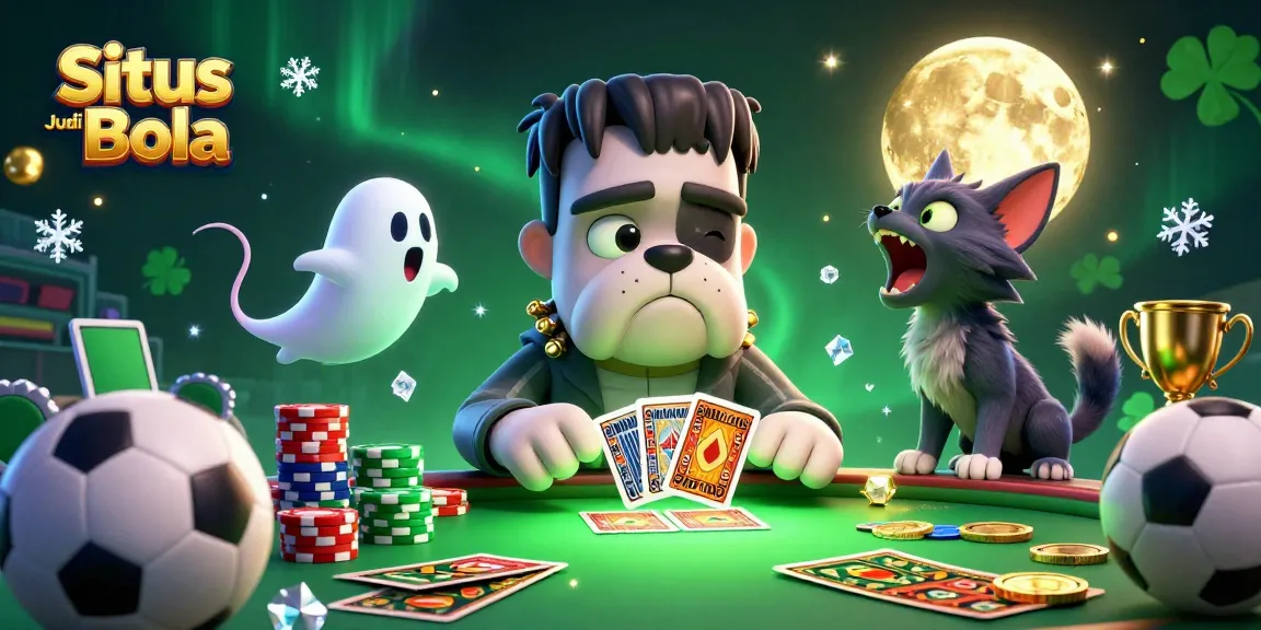 Situs Judi Bola shows a vibrant 3D scene with a Frankenstein bulldog dealer and exciting sports betting elements.