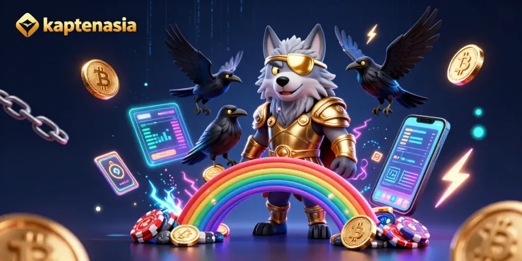 Engage with kaptenasia through vibrant 3D illustration of a Norse god and cryptocurrency elements.