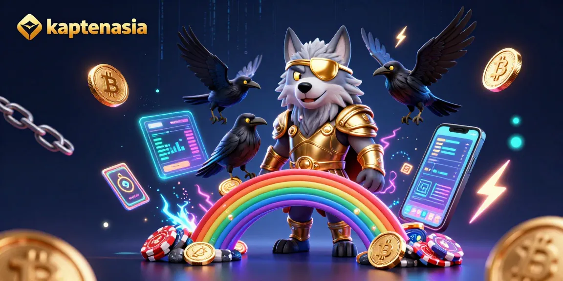 Engage with kaptenasia through vibrant 3D illustration of a Norse god and cryptocurrency elements.