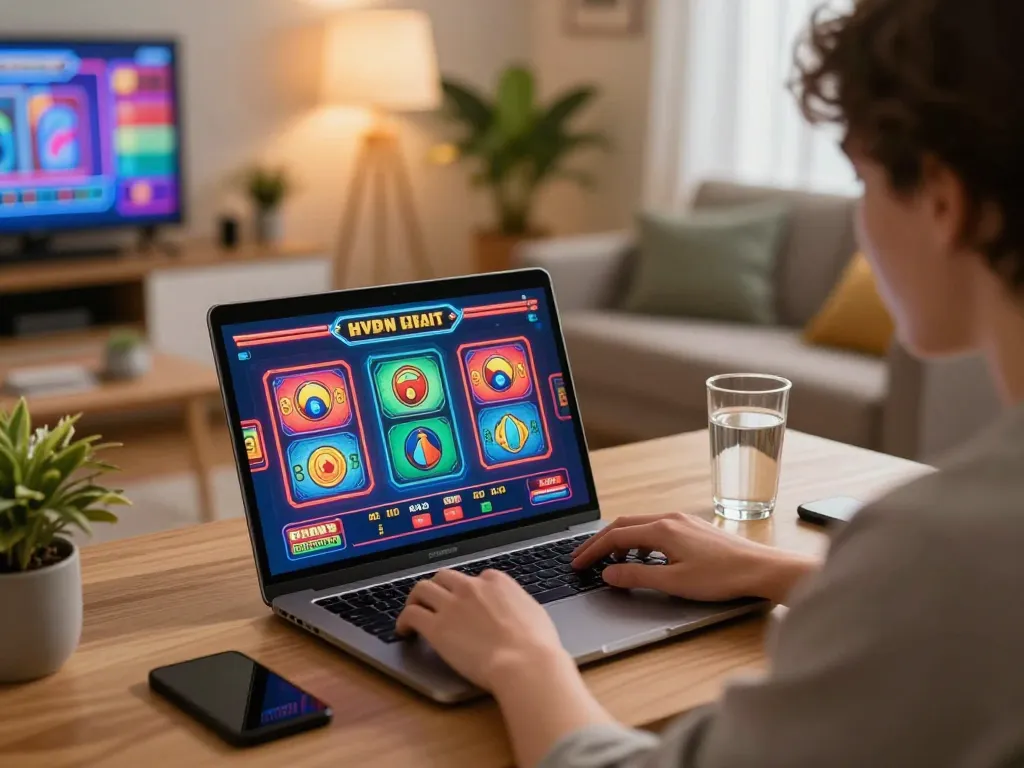 A person plays Agen Slot online in a modern home office with vibrant graphics on their laptop screen.